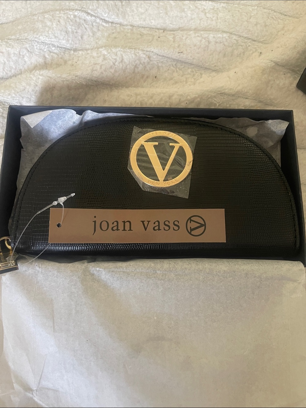 Joan Vass Black Textured Half-Moon Sukie Lixsrd Wallet with Gold Accent